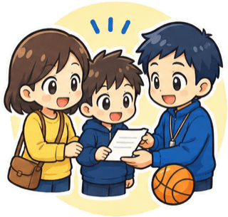 スタッフに申込書を渡す親子のイラスト